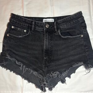 Zara Black Denim Frayed Hem Shorts